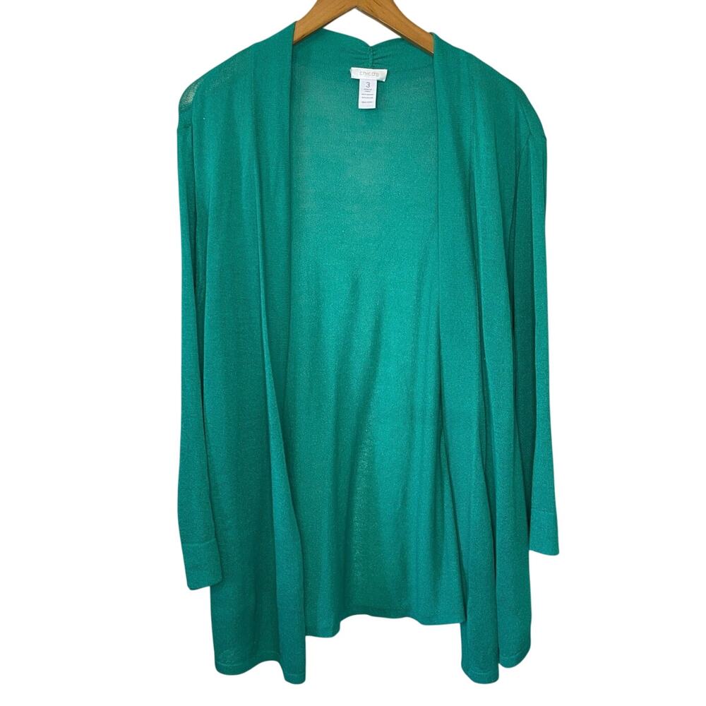 Chico’s Bright Kelly Green Open Front Minimalist Boho Cardigan Size 3 Large